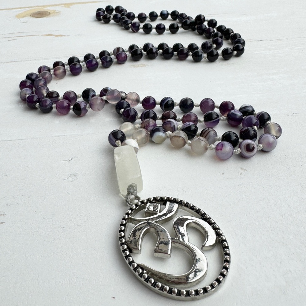 Long Genuine Natural Amethyst and Quartz Ohm Beaded Chakra Necklace